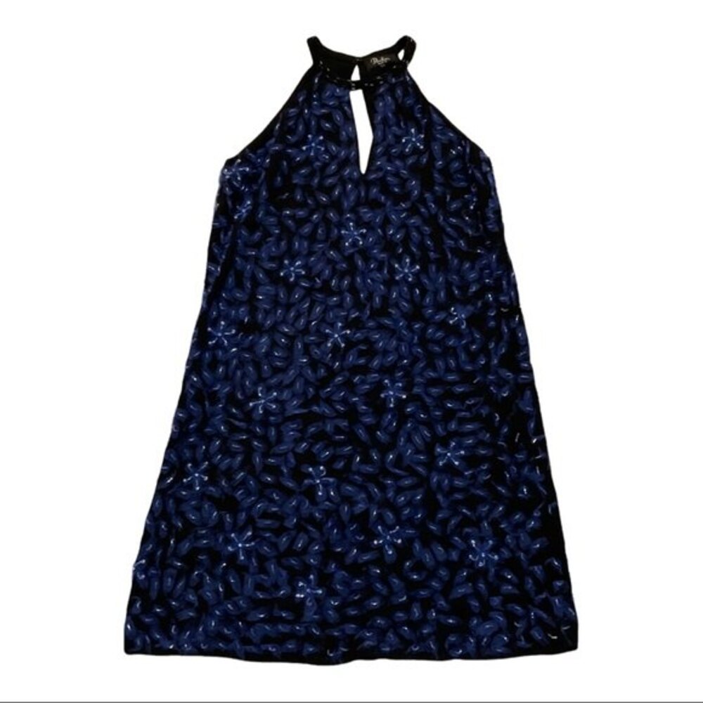 Parker Black Abstract Embellished Mini Halter Cocktail Dress 2 Black Blue Floral